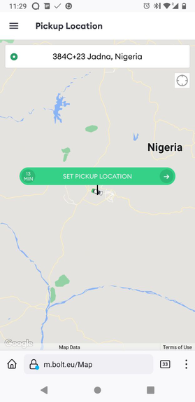 A screenshot of the web interface. The pickup location pin is located somewhere in Nigeria. The nearest bolt car is shown on the map.