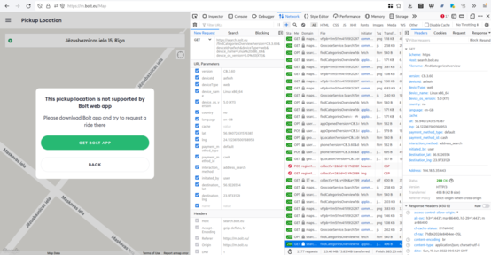 Screenshot of Firefox desktop interface with network inspector open for the bolt web interface. Bolt interface shows the error message about the pickup location not being supported in the web app, and network inspector shows the