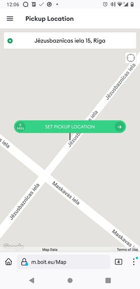 Screenshot of mobile Firefox running the web interface for Bolt in the same location in Riga. the