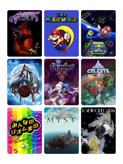 Lista gier - okładki.

1. Heart of Darkness
2. Super Mario World
3. Super Mario Galaxy
4. Bayonetta
5. Towerfall Ascension
6. Celeste
7. Rhythm Heaven 
8. Myst
9. Pseudoregalia