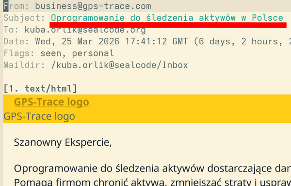 Mail o tytule: Oprogramowanie do śledzenia aktywów w Polsce